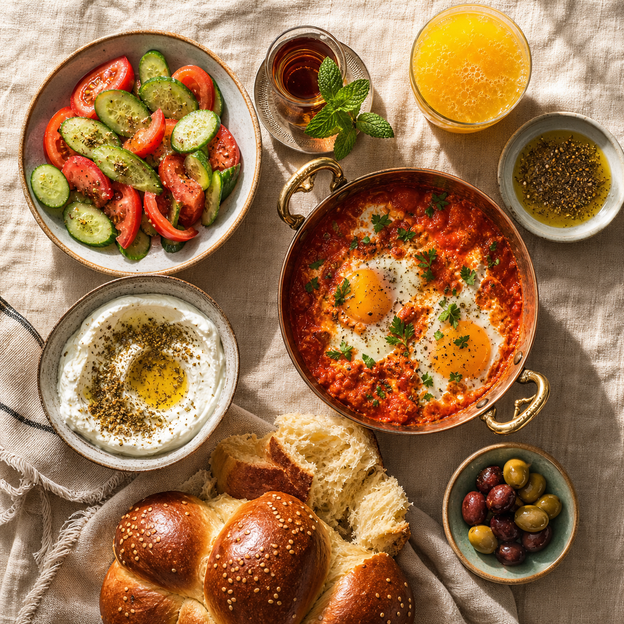 ארוחת בוקר ישראלית מבט-על, שקשוקה לאבנה חלה זיתים