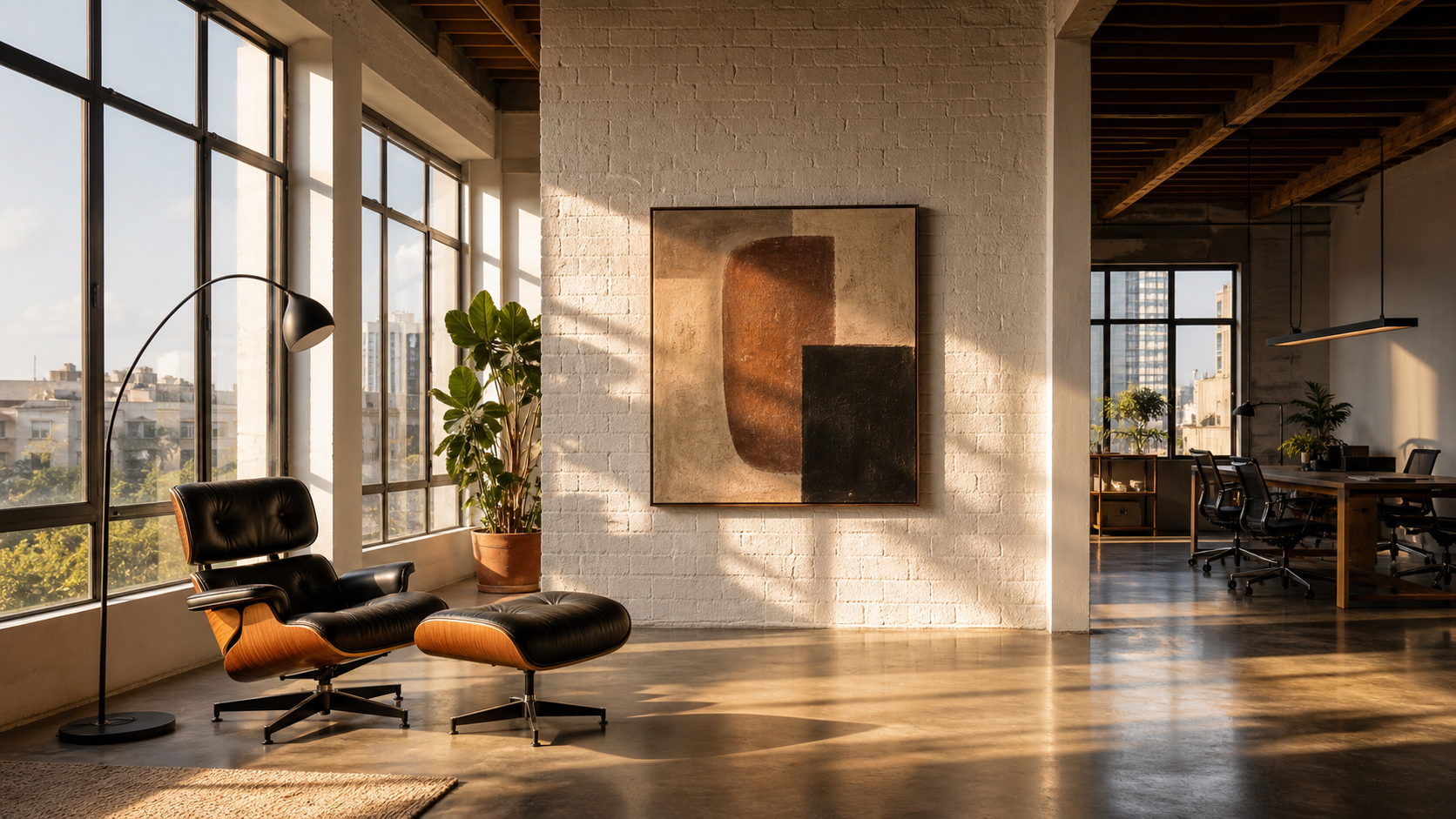 לופט תל אביבי, כסא Eames, אור זהוב, חלונות תעשייתיים